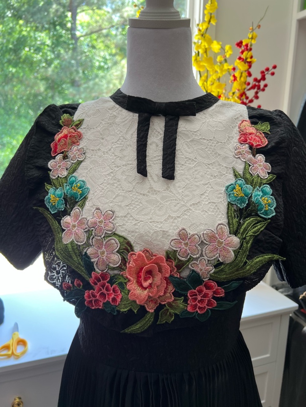 Black Dress Top with White Lace Yoke and Floral Embroidery